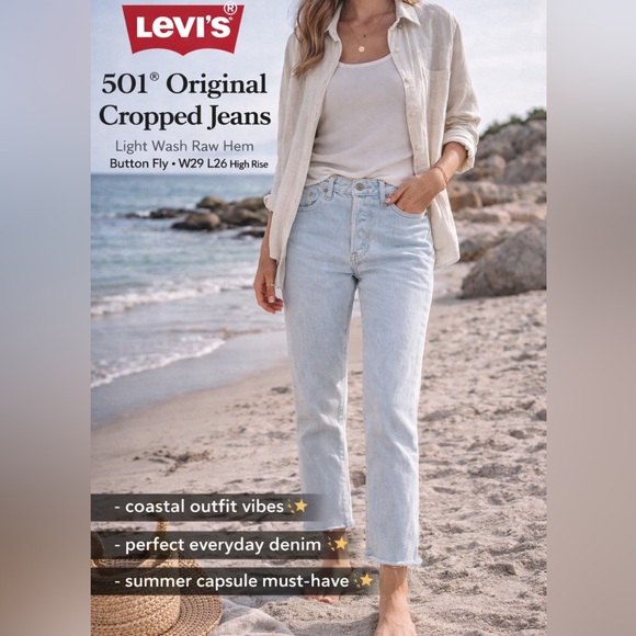 Levi’s 501 Original Fit Jeans Light Wash Cropped Raw Hem Button Fly W29 L26 - Picture 2 of 11